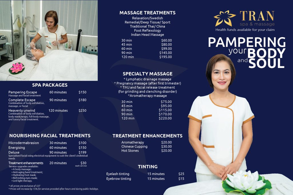 Tran Spa and Massage Menu Page 1